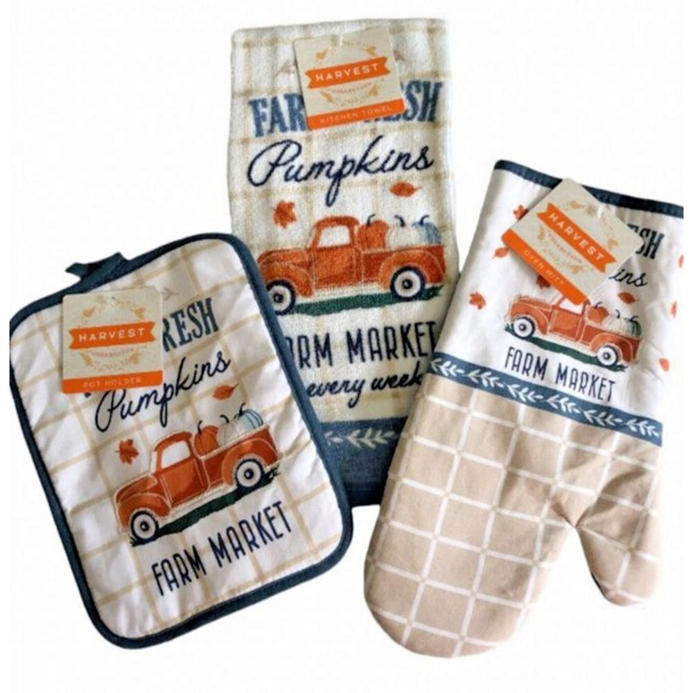 Thanksgiving Farm Truck Dish Towel Oven Mitt Potholder Farm Pumpkins Set of 3